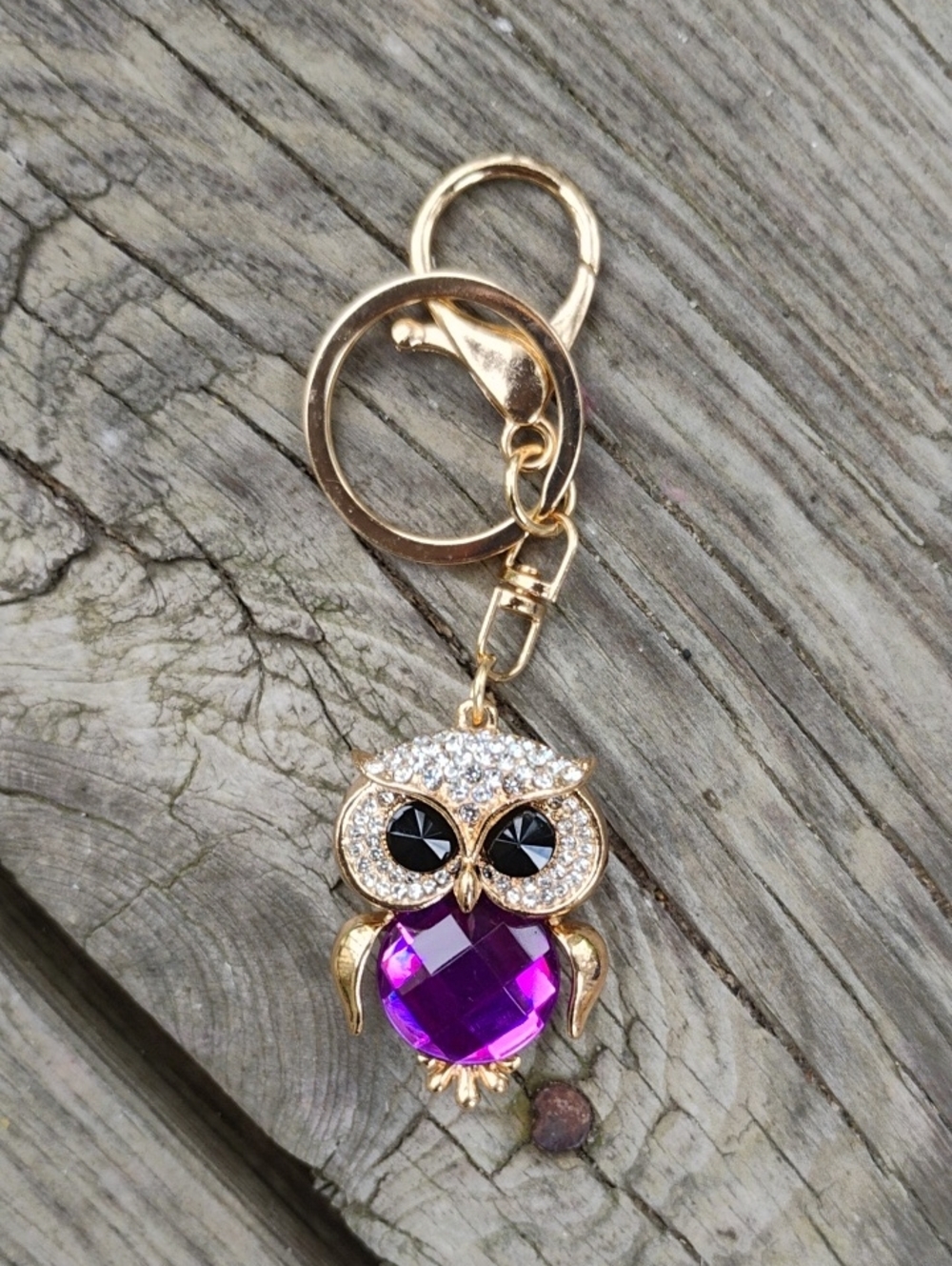 Gold Owl Bag Charm Keychain with Purple Crystal Charm